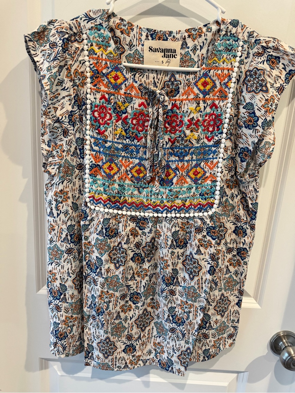 NWT Savanna Jane Multicolor Embroidered Boho Top Size Small